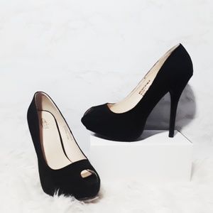 Cathy Jean | Velvet Peep Toe Heels in Black